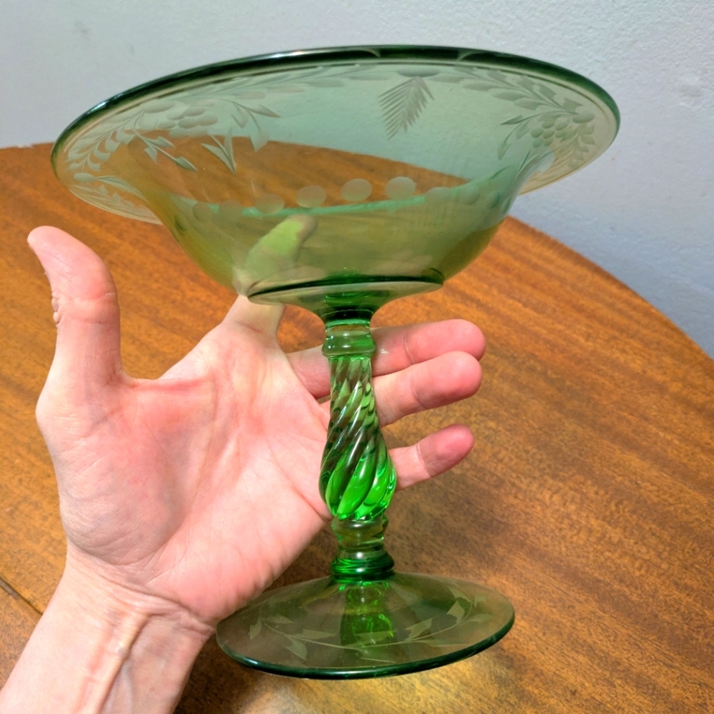 Antique Fostoria Glass Co. Twisted Stem With Vespar Etching.  Fairfax Compote.
